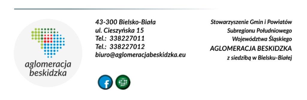 logotyp i dane kontaktowe Stowarzyszenia Aglomeracja Beskidzka