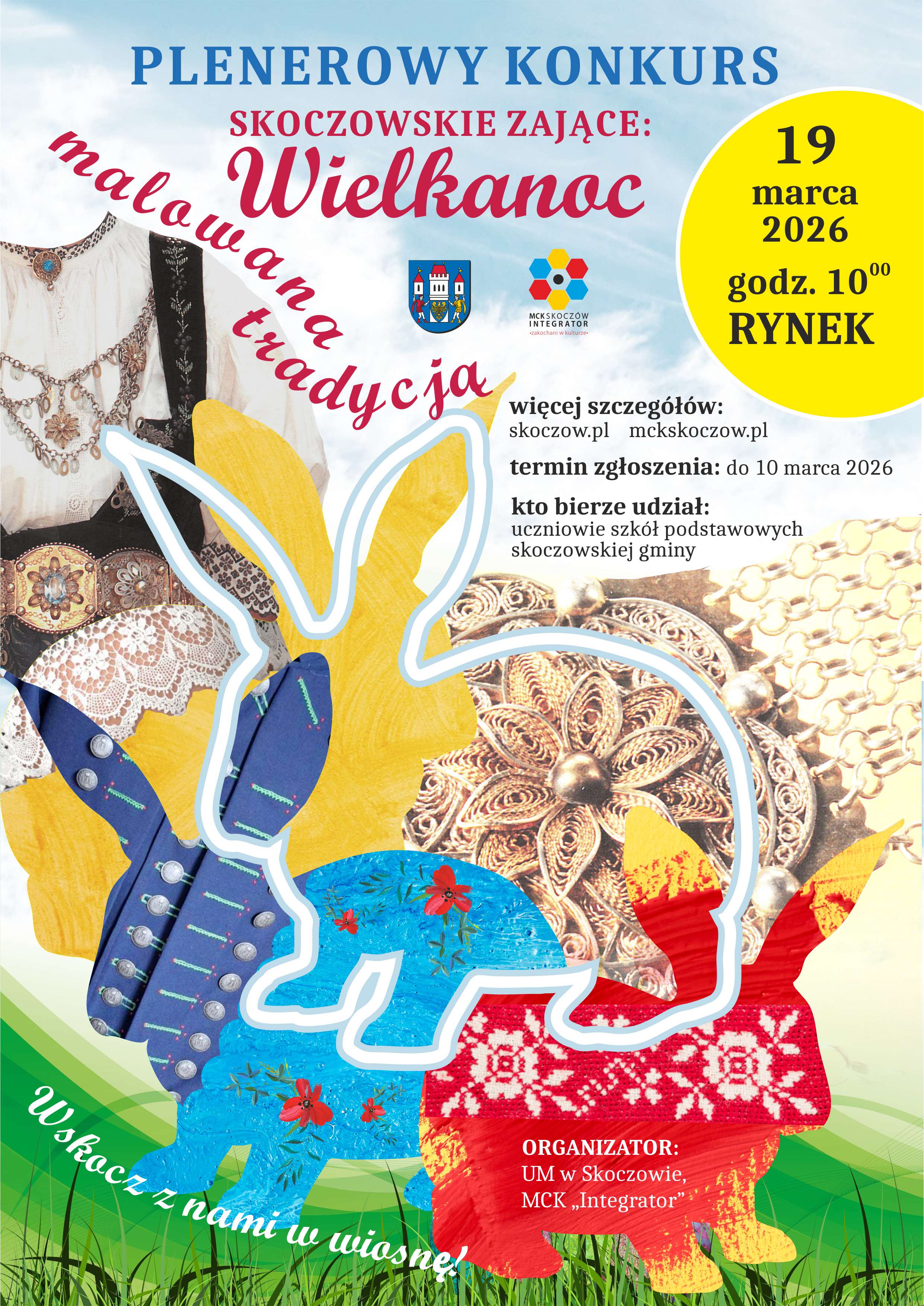 Plakat Konkursu Wielkanocnego „Skoczowskie zające: Wielkanoc malowana tradycją” Plakat wydarzenia